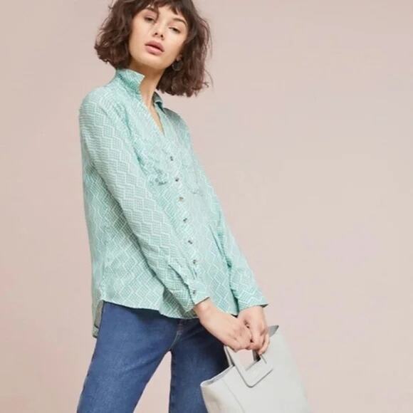 Maeve Tops - Maeve Mint Green Geo-Print Button-Down Shirt